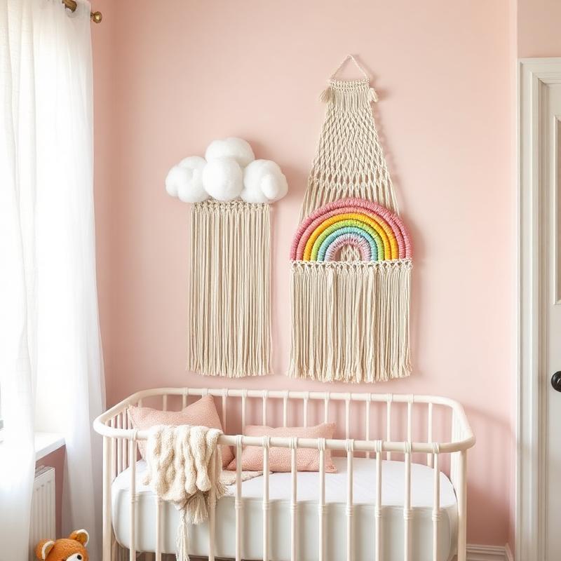 Decoração de macramê em quarto infantil com nuvem e arco-íris
