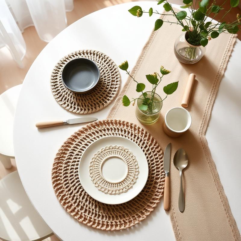 Mesa posta com sousplats e caminho de mesa artesanais