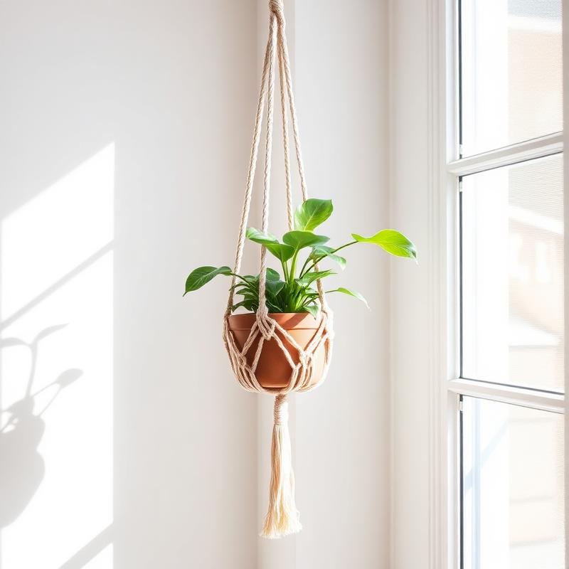 Suporte de macramê com vaso de planta pendurado junto à janela